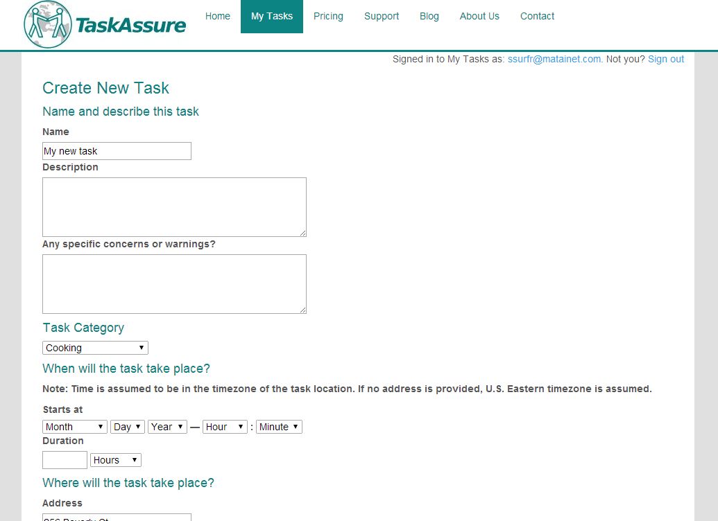 screen shot of Task Assure create new task
